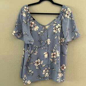 IZ Byer XL Blue Floral Button Up Flutter Sleeve Top Sweetheart Romantic Feminine